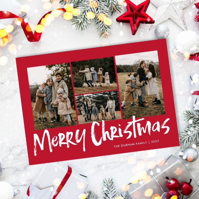 Cartes Pour Fêtes Annuelles Red Modern Letters Quatre Photo Joyeux Noël (Créateur téléchargé)