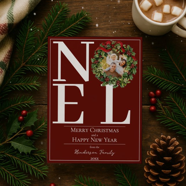Cartes Pour Fêtes Annuelles Red Noel Christmas Wreath Photo (Red Noel Christmas Wreath Photo Holiday Card)