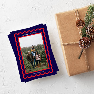 Cartes Pour Fêtes Annuelles Red on Navy Blue Simple Scallop Photo Frame