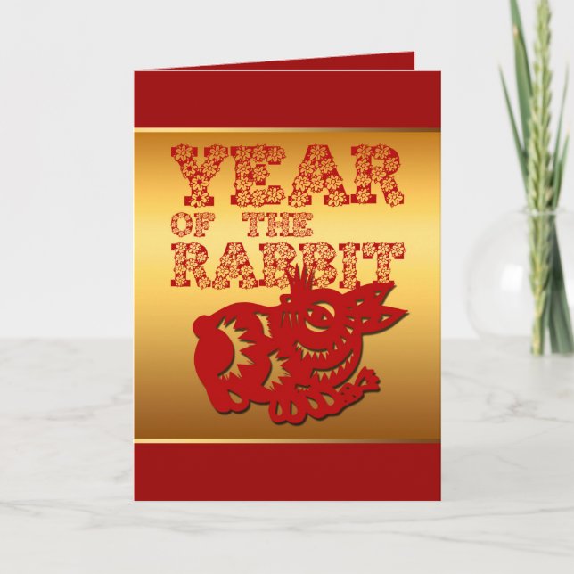 Cartes Pour Fêtes Annuelles Red Papercut Floral Rabbit Année Zodiac Salutation (Devant)