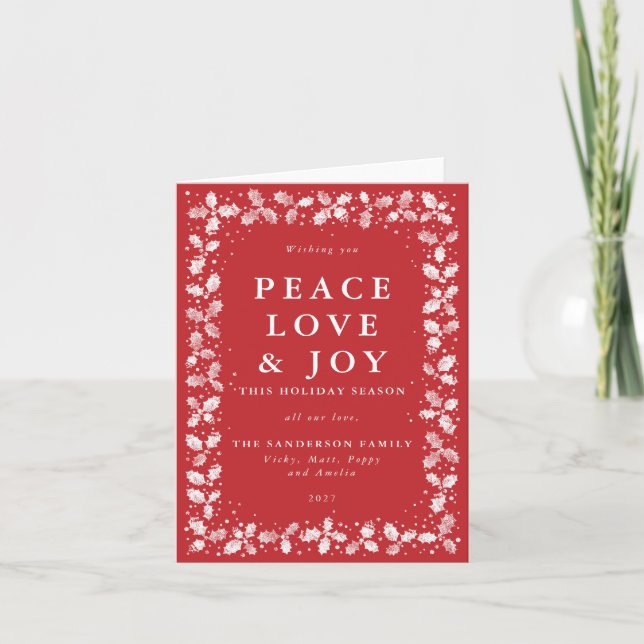Cartes Pour Fêtes Annuelles Red Peace Love & Joy Holly Feuilles Non Photo (Devant)
