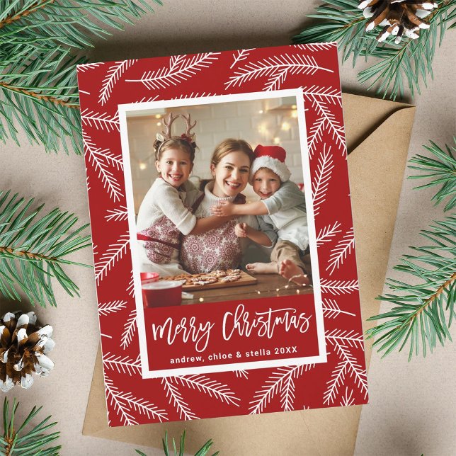 Cartes Pour Fêtes Annuelles Red Pine Branch Motif Joyeux Noël Photo (Créateur téléchargé)