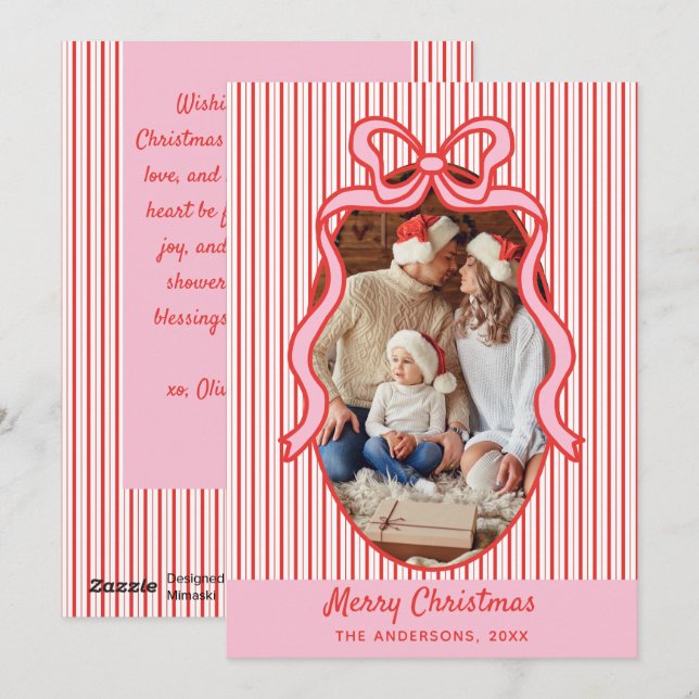 Cartes Pour Fêtes Annuelles Red Pink Stripes & Bow Frame Christmas Photo (Devant / Derrière)