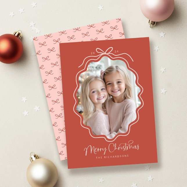 Cartes Pour Fêtes Annuelles Red Pink Wavy Retro Photo (Front and Back on a 5" x 7" card)