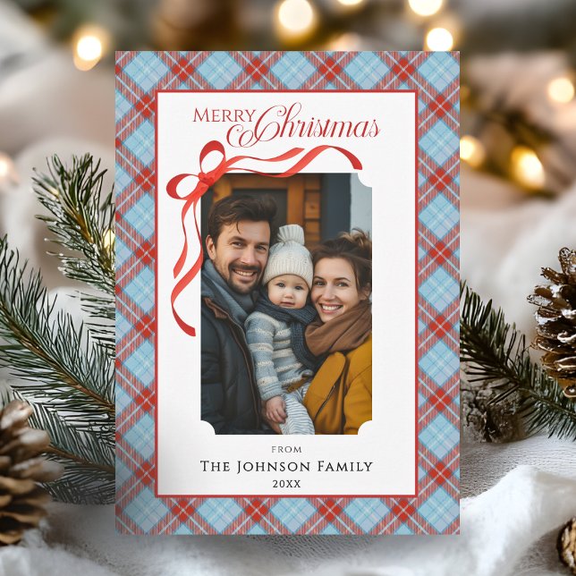 Cartes Pour Fêtes Annuelles Red Plaid Bow Family Christmas Photo (Plaid Bow Family Photo Merry Christmas Holiday Card)