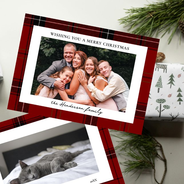 Cartes Pour Fêtes Annuelles Red Plaid Custom Two Horizontal Photo Christmas  (Créateur téléchargé)