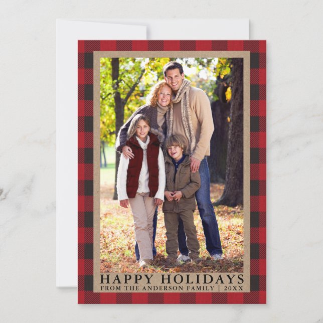Cartes Pour Fêtes Annuelles Red Plaid Happy Holidays Kraft Photo de famille (Devant)