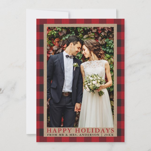 Cartes Pour Fêtes Annuelles Red Plaid Happy Holidays Mariage Photo Kraft (Devant)