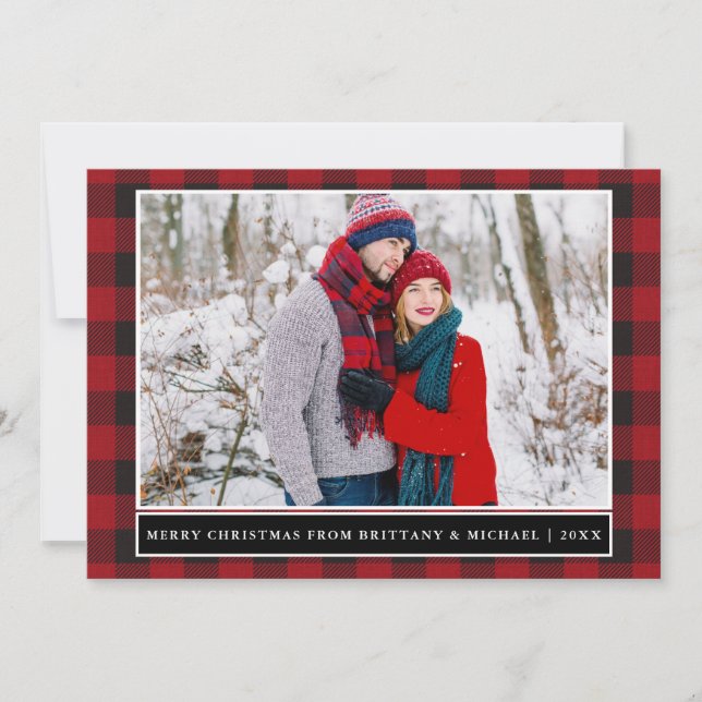 Cartes Pour Fêtes Annuelles Red Plaid Joyeux Noël Couple Photo (Devant)