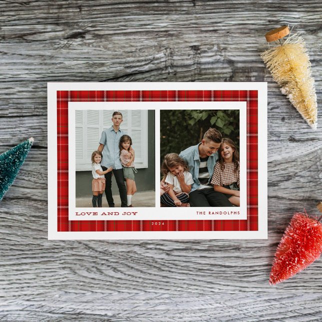 Cartes Pour Fêtes Annuelles Red Plaid Love and Joy Double Photo (Créateur téléchargé)