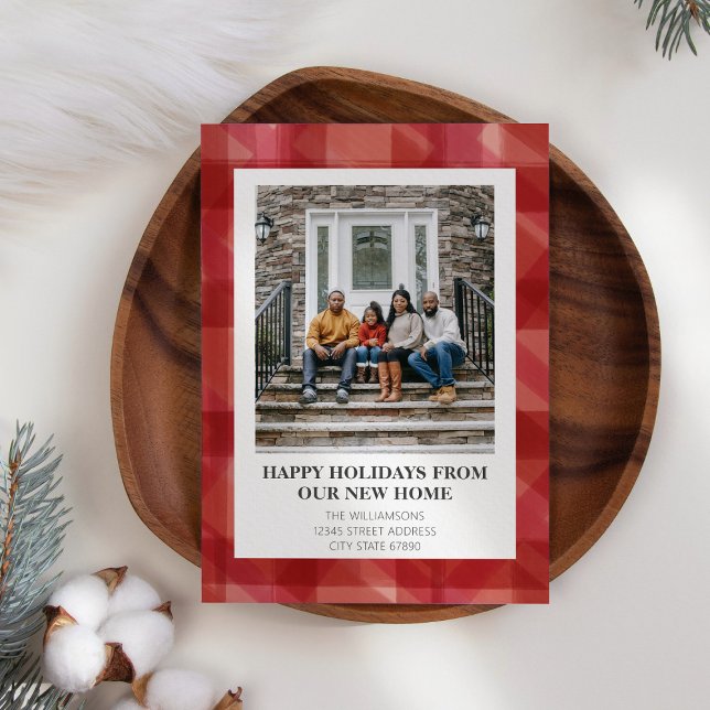 Cartes Pour Fêtes Annuelles Red Plaid New Home Moving Christmas Photo (Créateur téléchargé)