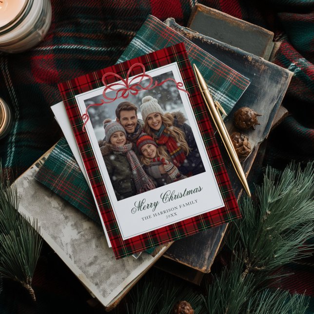 Cartes Pour Fêtes Annuelles Red Plaid Red Bow Photo (Créateur téléchargé)