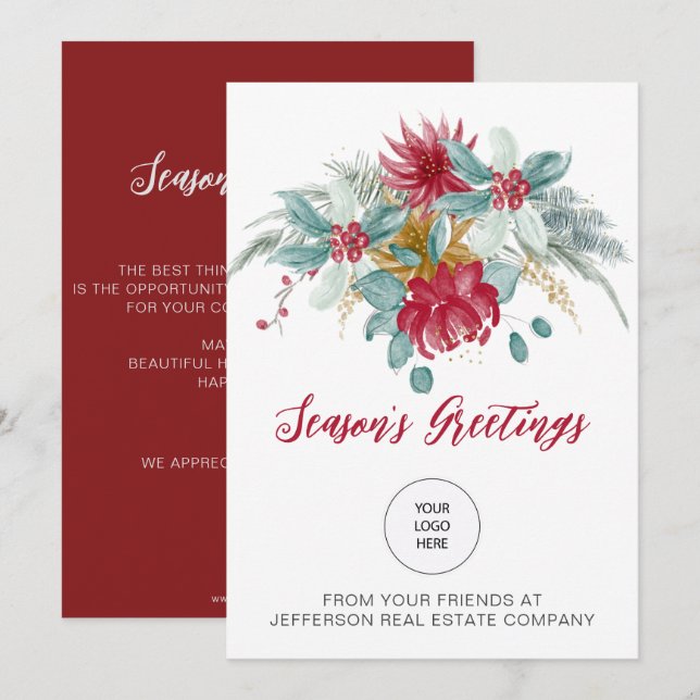 Cartes Pour Fêtes Annuelles Red Poinsettias Holly Entreprise Logo Entreprise (Devant / Derrière)