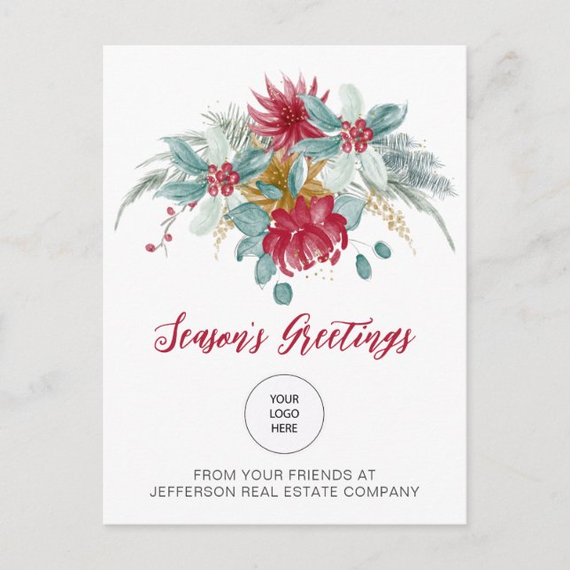 Cartes Pour Fêtes Annuelles Red Poinsettias Holly Entreprise Logo Entreprise (Devant)