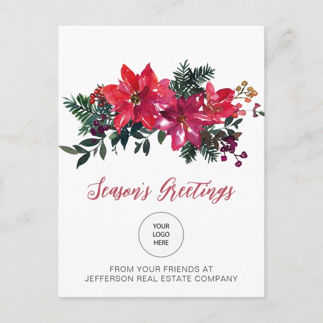 Cartes Pour Fêtes Annuelles Red Poinsettias Holly Entreprise Logo Entreprise (Devant)
