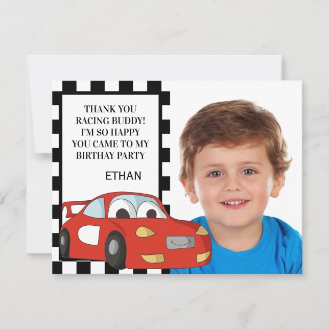 Cartes Pour Fêtes Annuelles Red Race Car Black White Photo Anniversaire Merci (Devant)