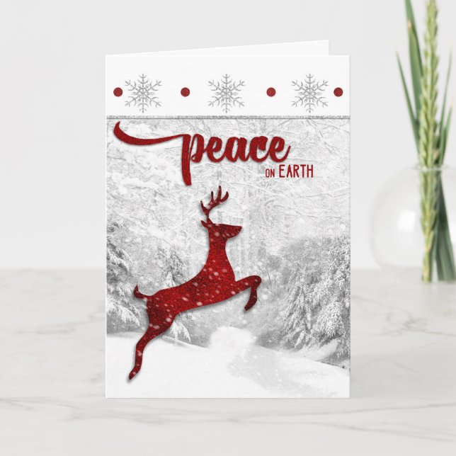 Cartes Pour Fêtes Annuelles Red Reineer Woodland Snowscape Paix sur Terre (Devant)