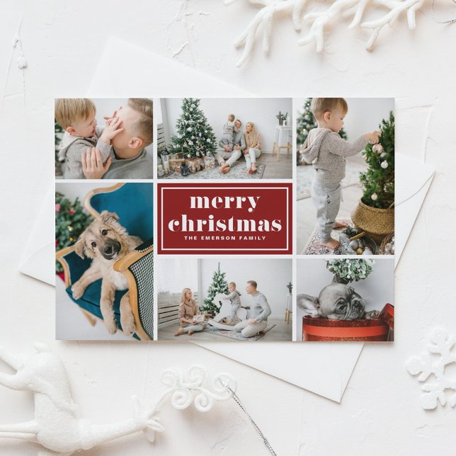 Cartes Pour Fêtes Annuelles Red Retro Joyeux Noël Photo Collage (Créateur téléchargé)