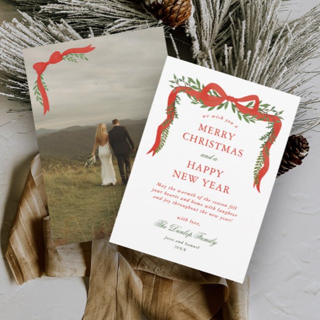 Cartes Pour Fêtes Annuelles Red Ribbon Bow Green Photo Noël (Elegant painted red ribbon with bow and greenery photo christmas holiday cards.)