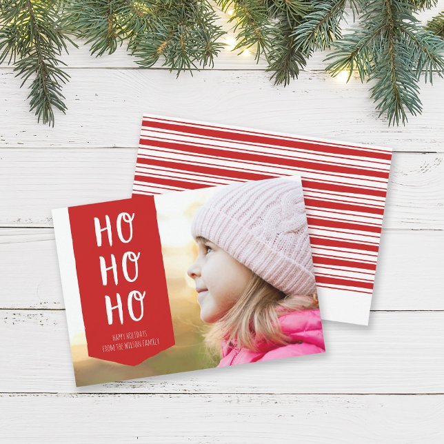 Cartes Pour Fêtes Annuelles Red Ribbon Ho Ho Ho Happy Holidays Photo (Créateur téléchargé)