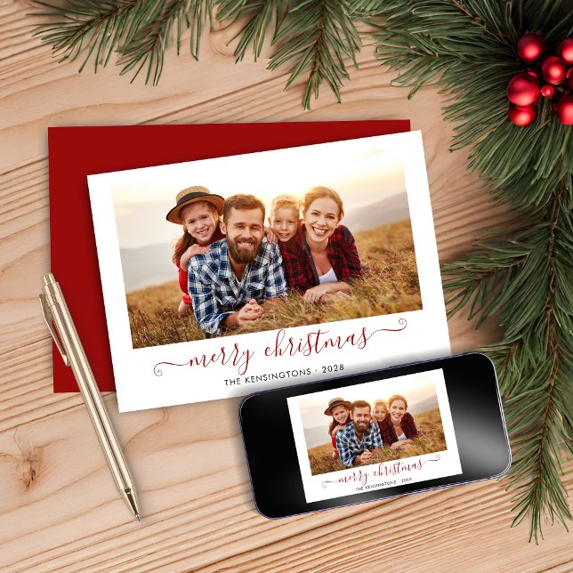 Cartes Pour Fêtes Annuelles Red Script Joyeux Noël Photo (Red Script Merry Christmas Holiday Photo Card)