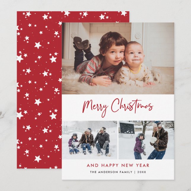 Cartes Pour Fêtes Annuelles Red Script Stars Christmas 3 Photo Collage (Devant / Derrière)