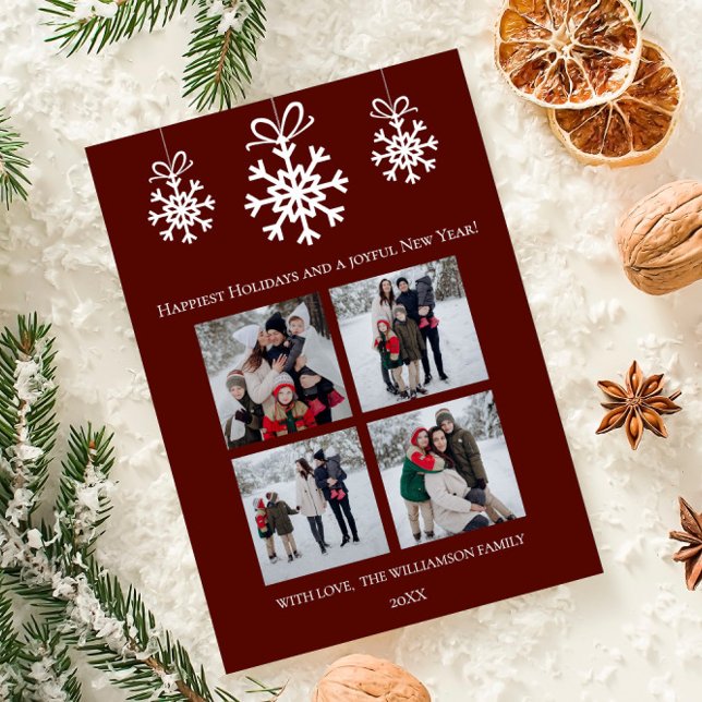 Cartes Pour Fêtes Annuelles Red Snowflake Ornements Collage photo (Red Snowflake Ornaments Photo Collage Holiday Card)