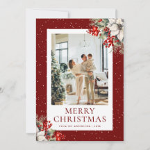 Red Snowy Botanical Photo Christmas Card