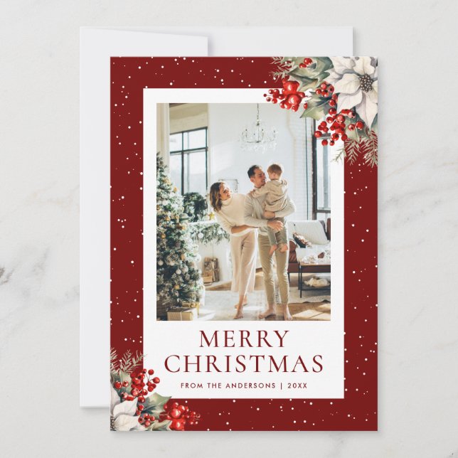 Cartes Pour Fêtes Annuelles Red Snowy Botanical Photo Christmas Card (Devant)