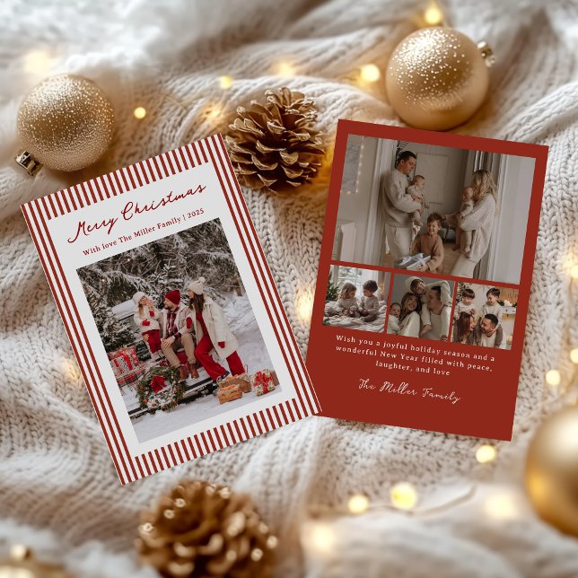 Cartes Pour Fêtes Annuelles Red Stripe Family Christmas Photo Holiday Card (Créateur téléchargé)