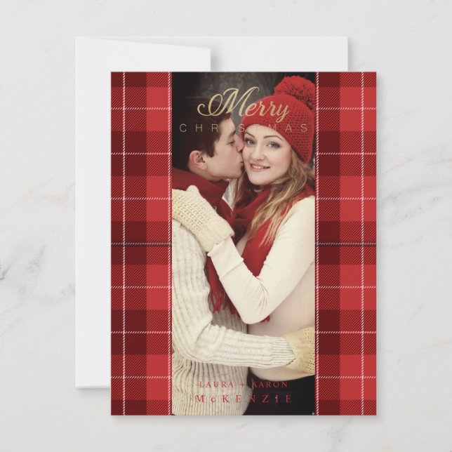 Cartes Pour Fêtes Annuelles Red Tartan Plaid First Joyeux Noël Photo (Devant)