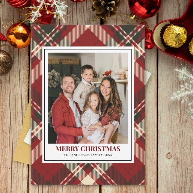 Cartes Pour Fêtes Annuelles Red Tartan Plaid with Christmas Family Photo (Créateur téléchargé)