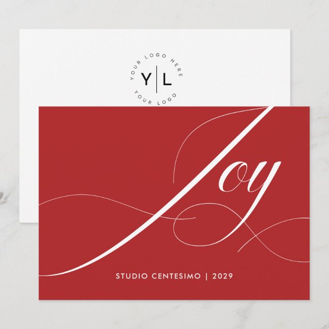 Cartes Pour Fêtes Annuelles Red White Elegant Modern Joy Logo d'entreprise (Devant / Derrière)