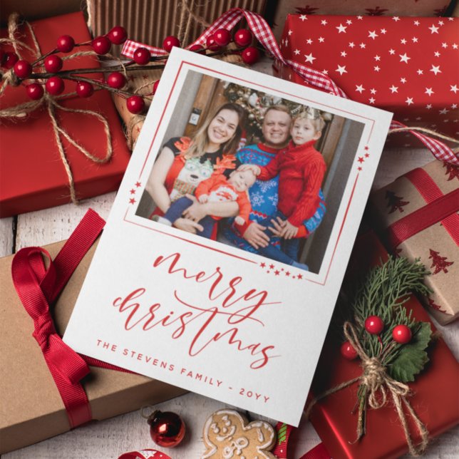 Cartes Pour Fêtes Annuelles Red & White Stars 2 Photos Joyeux Noël (Créateur téléchargé)
