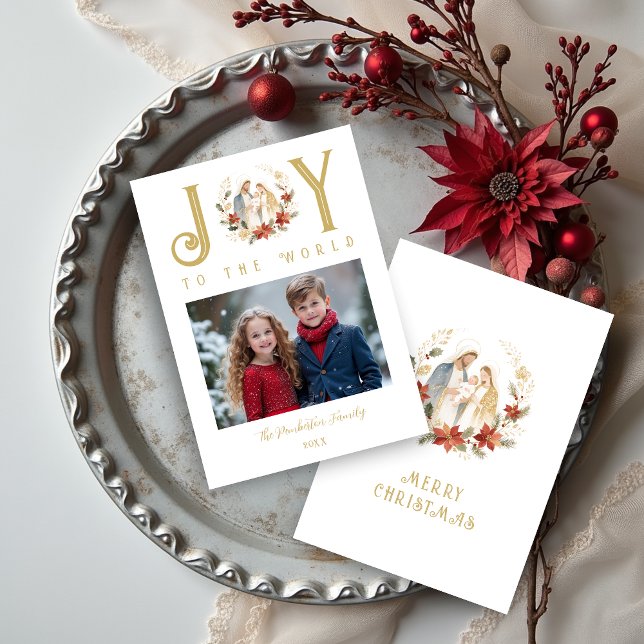 Cartes Pour Fêtes Annuelles Refined Holy Nativity Joy To The World Quote (Refined Exquisite Holy Nativity Joy To The World Quote Christmas Holiday Cards with Family Photo.)