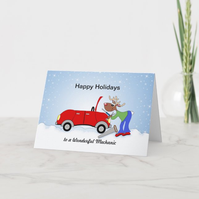 Cartes Pour Fêtes Annuelles Réindeer de mécanique automobile Fixant voiture ro (Devant)
