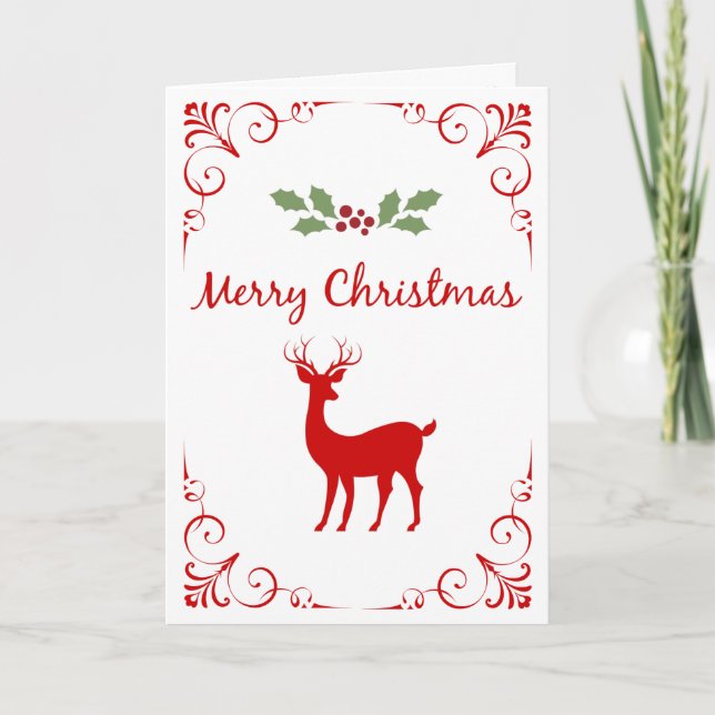 Cartes Pour Fêtes Annuelles Reindeer de Noël Holly Classique Élégant (Devant)