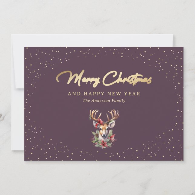 Cartes Pour Fêtes Annuelles Reindeer Purple Gold Snow Joyeux Noël (Devant)
