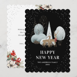 Cartes Pour Fêtes Annuelles Reindeer Snowy Forest Black New Year Card