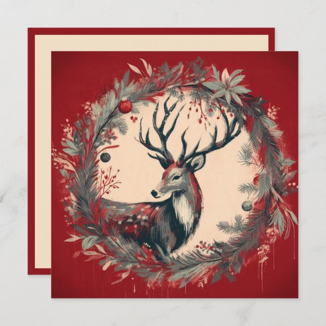 Cartes Pour Fêtes Annuelles Reinder de Noël avec couronne de Noël (Devant / Derrière)