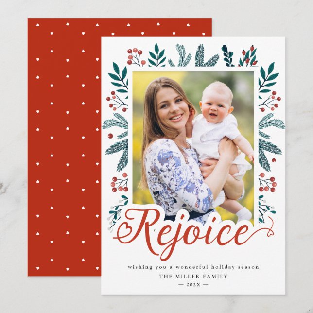 Cartes Pour Fêtes Annuelles Rejoice Script Festive Christmas Red Berries Photo (Devant / Derrière)