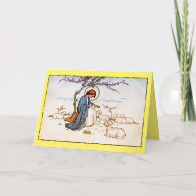 Cartes Pour Fêtes Annuelles Religieux classique Jésus avec agneaux Voeux de Pâ (Devant)