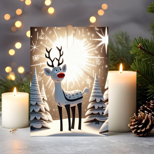 Cartes Pour Fêtes Annuelles Renard à nez rouge (Christmas Card – Red-Nosed Reindeer in Snowy Forest)