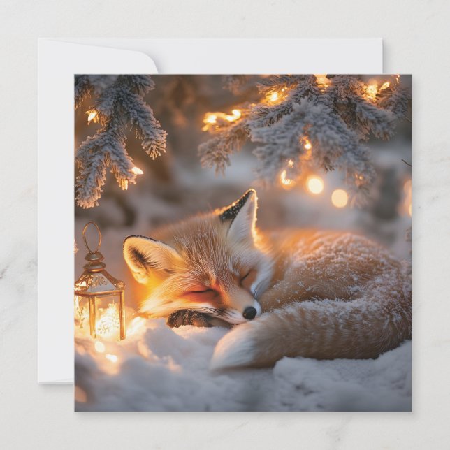 Cartes Pour Fêtes Annuelles Renard couché sous Branches neigeuses (Devant)