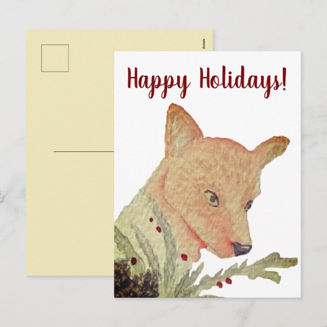 Cartes Pour Fêtes Annuelles Renard de Noël dans le bois artistique (Devant / Derrière)