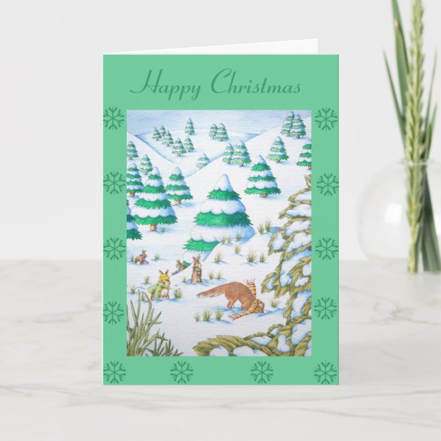 Cartes Pour Fêtes Annuelles renard mignon et lapin scène de neige de noël (Devant)