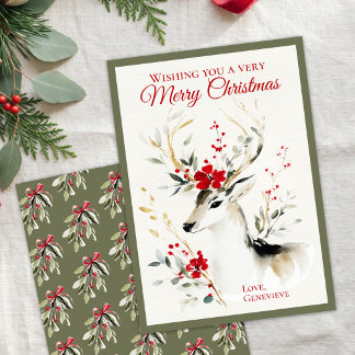 Cartes Pour Fêtes Annuelles Renne de Noël à l'aquarelle Fleurs rouges de verdu
