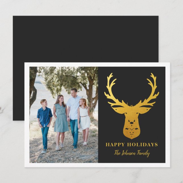 Cartes Pour Fêtes Annuelles Renne en feuille d'or fausse élégante Photo (Devant / Derrière)