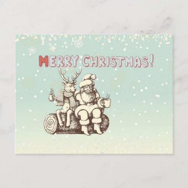 Cartes Pour Fêtes Annuelles Renne et père noël prenant une pause-café (Devant)