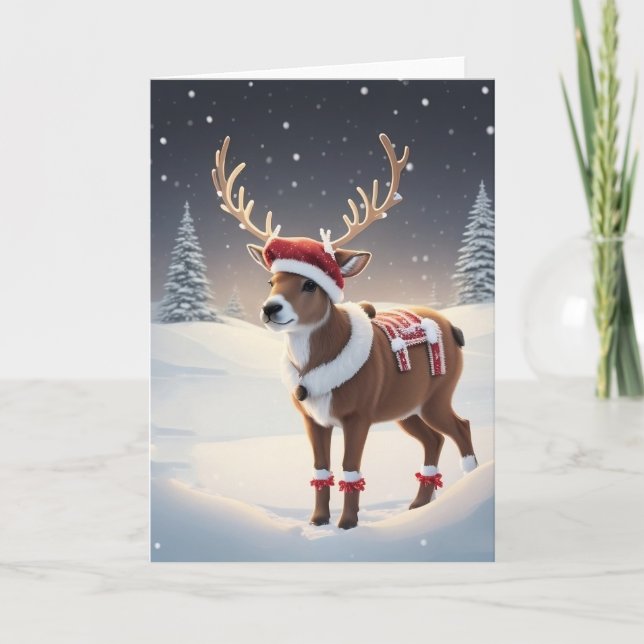 Cartes Pour Fêtes Annuelles Renne portant un chapeau de Père Noël (Devant)